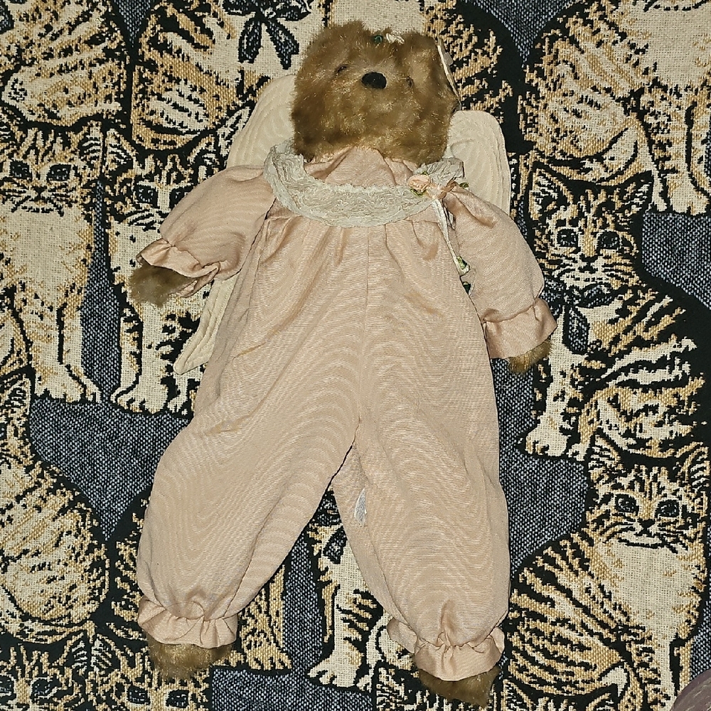 Vintage Teddy in Peach Outfit The Gaurdian Angel Bear